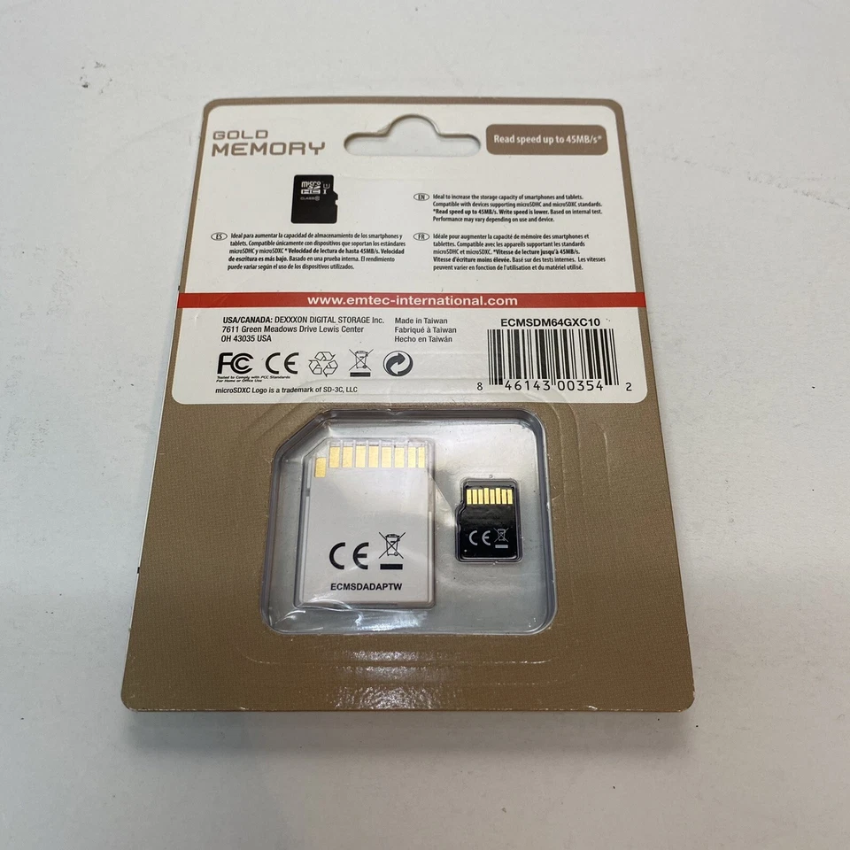 EMTEC 64GB microSDXC Class 10 Gold Memory Card With Adapter  - Brand New - Image 2 of 2