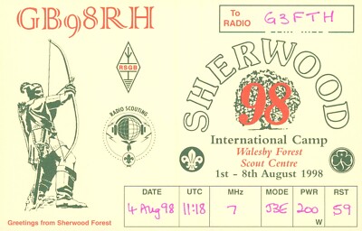 1 x QSL Karte Radio UK GB98RH Scout Sherwood Walesby Forest Camp 1998   S1226