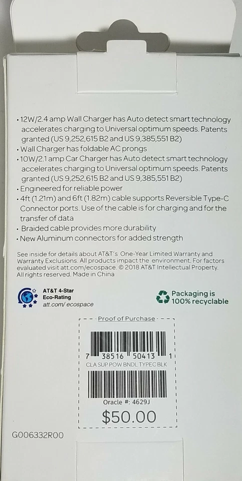 Paquete de alimentación AT&T tipo C cargador de coche y hogar juego de 4 piezas/cable trenzado de 4 pies 6 pies NUEVO Foto 2 de 4