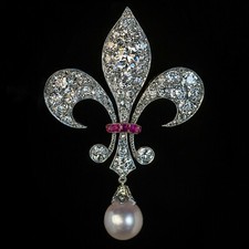 Antique 2Ct Moissanite Pearl & Ruby Fleur-De-Lis Brooch Pin 14k White Gold Over