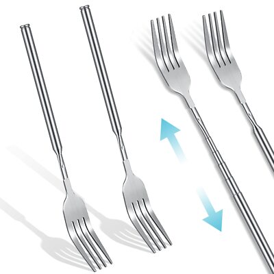 2 Pcs Dinner Extendable Fork Stainless Steel Adjustable BBQ Telescopic Extend...