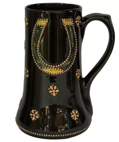 WELLER POTTERY TURADA LARGE MUG WITH HORSESHOE CIRCA 1896....SIGNED AND MINT!