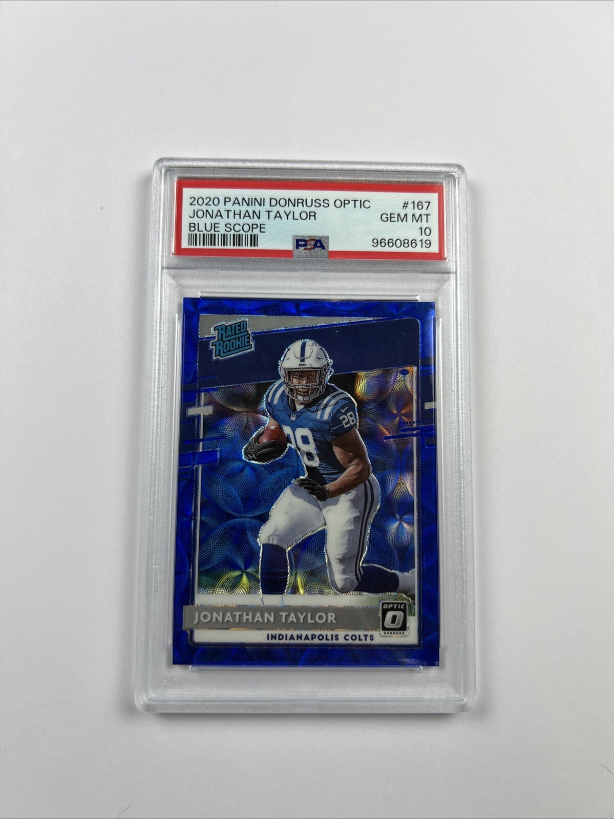 2020 Panini Donruss Optic Rated Rookies Blue Scope Prizm Jonathan Taylor PSA 10