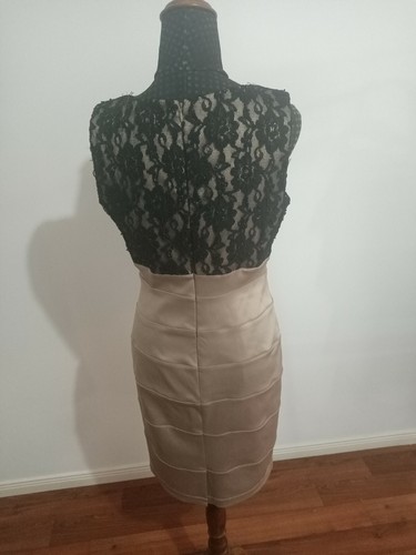 REVIEW size 10 satin v neck glitter sequin pencil dress beige black event dress - Picture 2 of 7