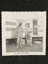 Man And Woman Holding Fish At Camp RV Fishing 1951 Antique Snapshot Photo