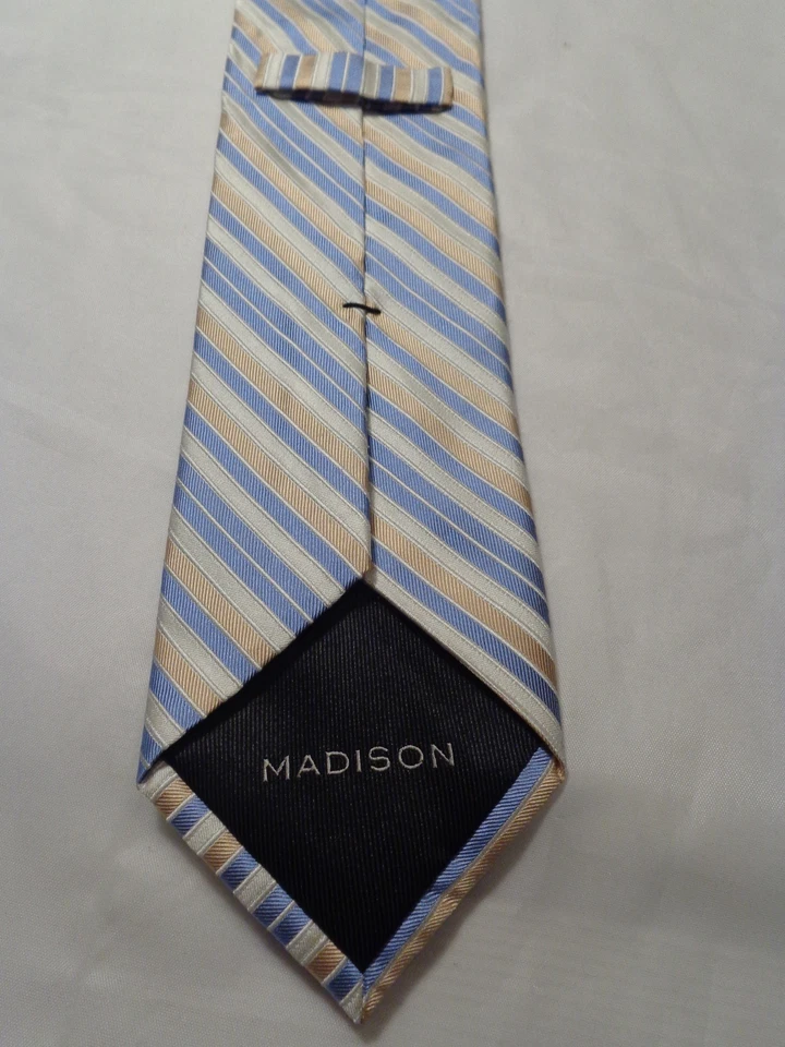 CORBATA MADISON HOMBRE BLANCO AMARILLO AZUL RAYAS 3,25 X 61 Foto 4 de 4