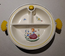 Vintage Porcelain Warming Dish Plate Girl W Doll 3 Compartments yellow DECO 