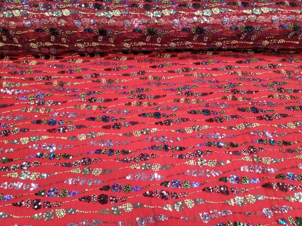 Fabric Sold By The Yard Red Beaded Lace Sequin Floral Embroidery Mesh For Dress - Image 2 of 4