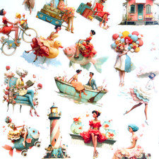 Whimsical Beach Ladies Stickers Collage Junk Journal Scrapbooking