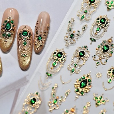 NBNTGH 5D Embossed Gemstone Nail Stickers Gold Art Green Mace 