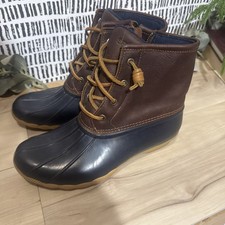 Sperry Boots Women s Saltwater Duck Rain Boot Blue Rubber Brown Leather Size 9m