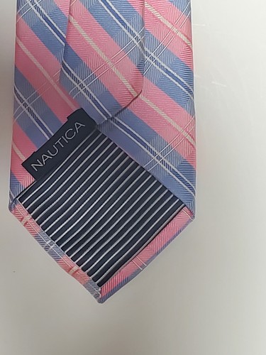 Nautica Men's 100% Nice Silk Pink and Blue Plaid Men's Tie - Picture 5 of 8