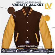 Varsity Letterman Jacket For Men Women & Kids Brown Wool Body Gold Sleeves