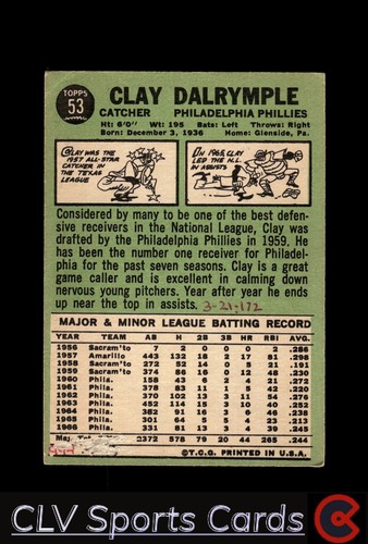 Baseball sports Topps Clay Dalrymple Philadelphia Phillies Very Good - Picture 2 of 2