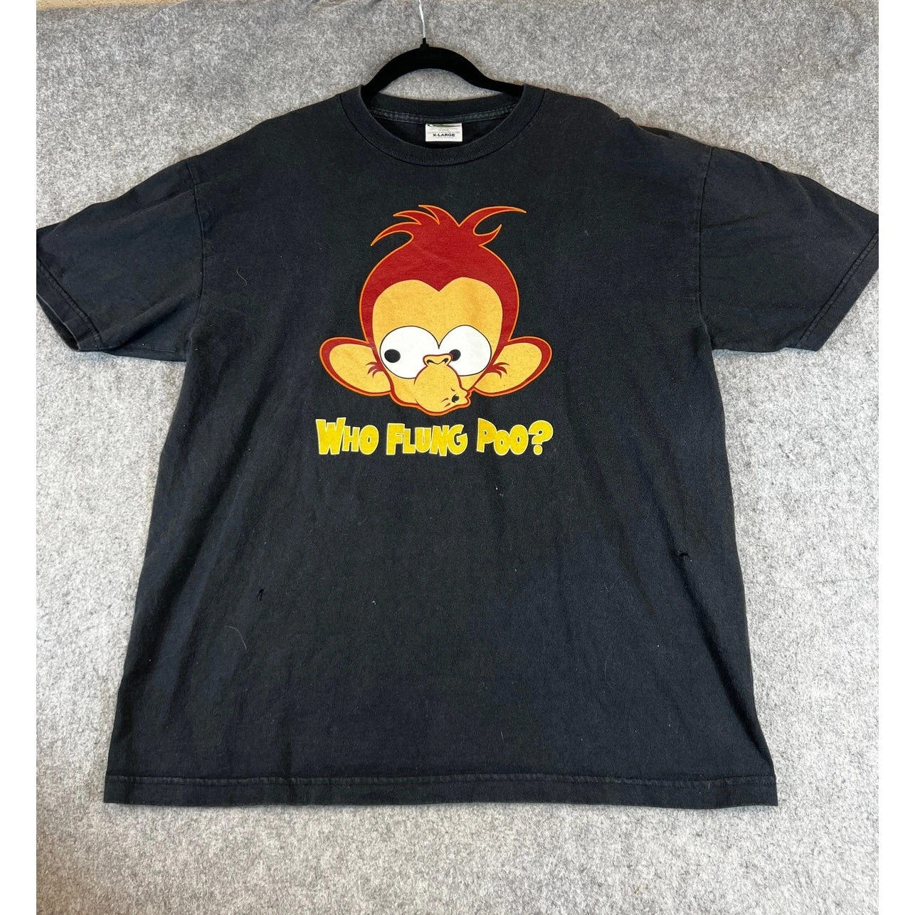 VINTAGE 90s Who Flung Poo Monkey T Shirt Mens XL Black Novelty Graphic Tee