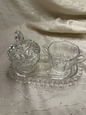 Vintg Etched Clear Glass Creamer Sugar Bowl & OVAL TRAY Set Scalloped Edge STAR