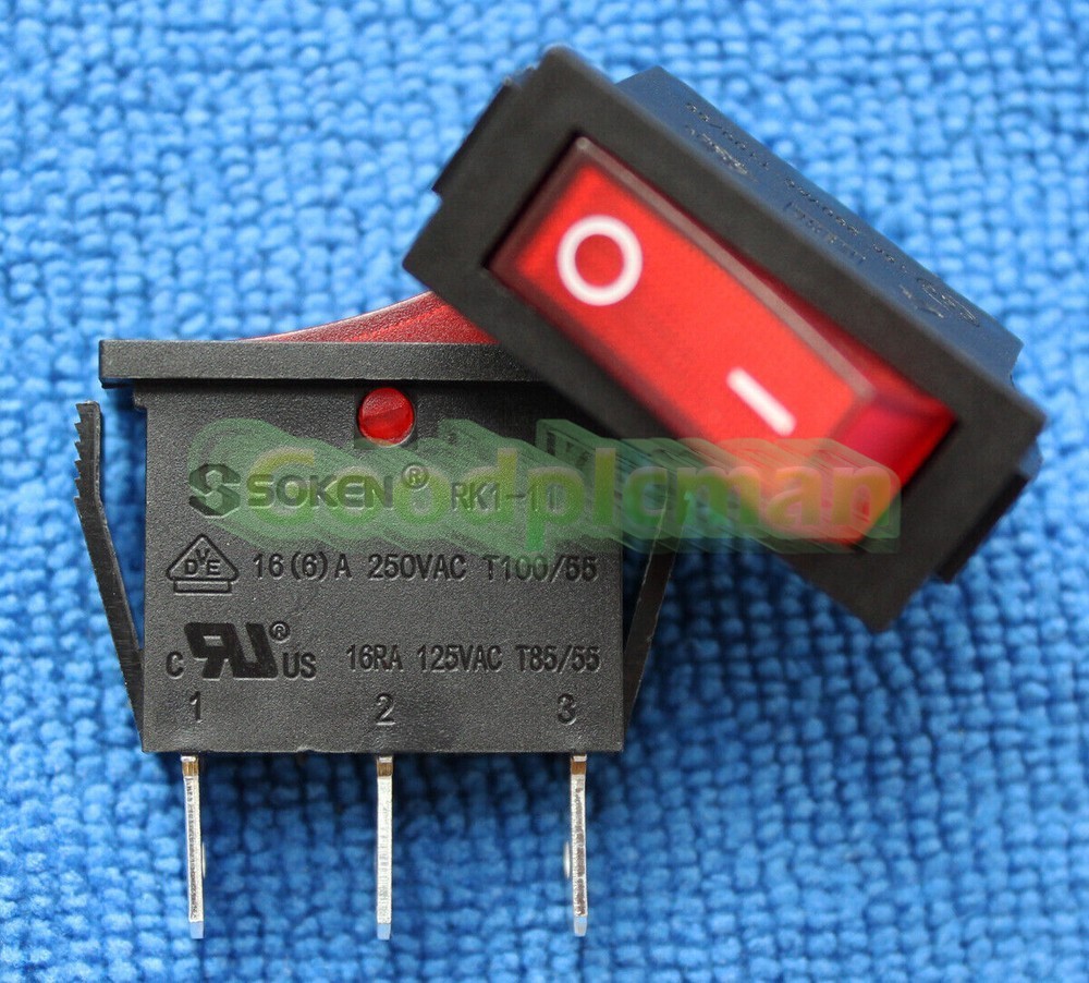 1PC SOKEN RK1-11 Rocker Switch Red Lamp 16A 125/250VAC 3 Pins 2 Positions