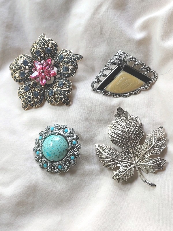 4 VINTAGE Pins, Art Deco, Sterling, Marcasite, OLD, free shipping 