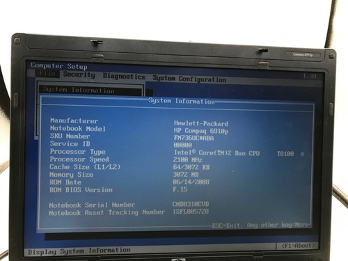 HP Compaq 6910p Intel Core 2 Duo 2.1GHz 14" NO HDD-BOOTS BIOS-MZ - Picture 2 of 7