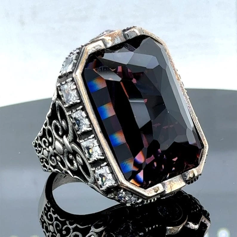 Anillo grande de amatista de plata de ley 925, anillo de amatista profunda hecho a mano Foto 3 de 4