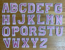Pink Letter With White Border Embroidered Iron On Patch - Select A Letter