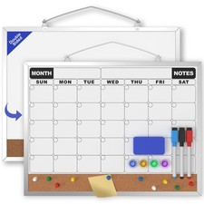 Monthly Calendar Dry Erase Board 16x12, DoubleSided Whiteboard Corkboard Combo
