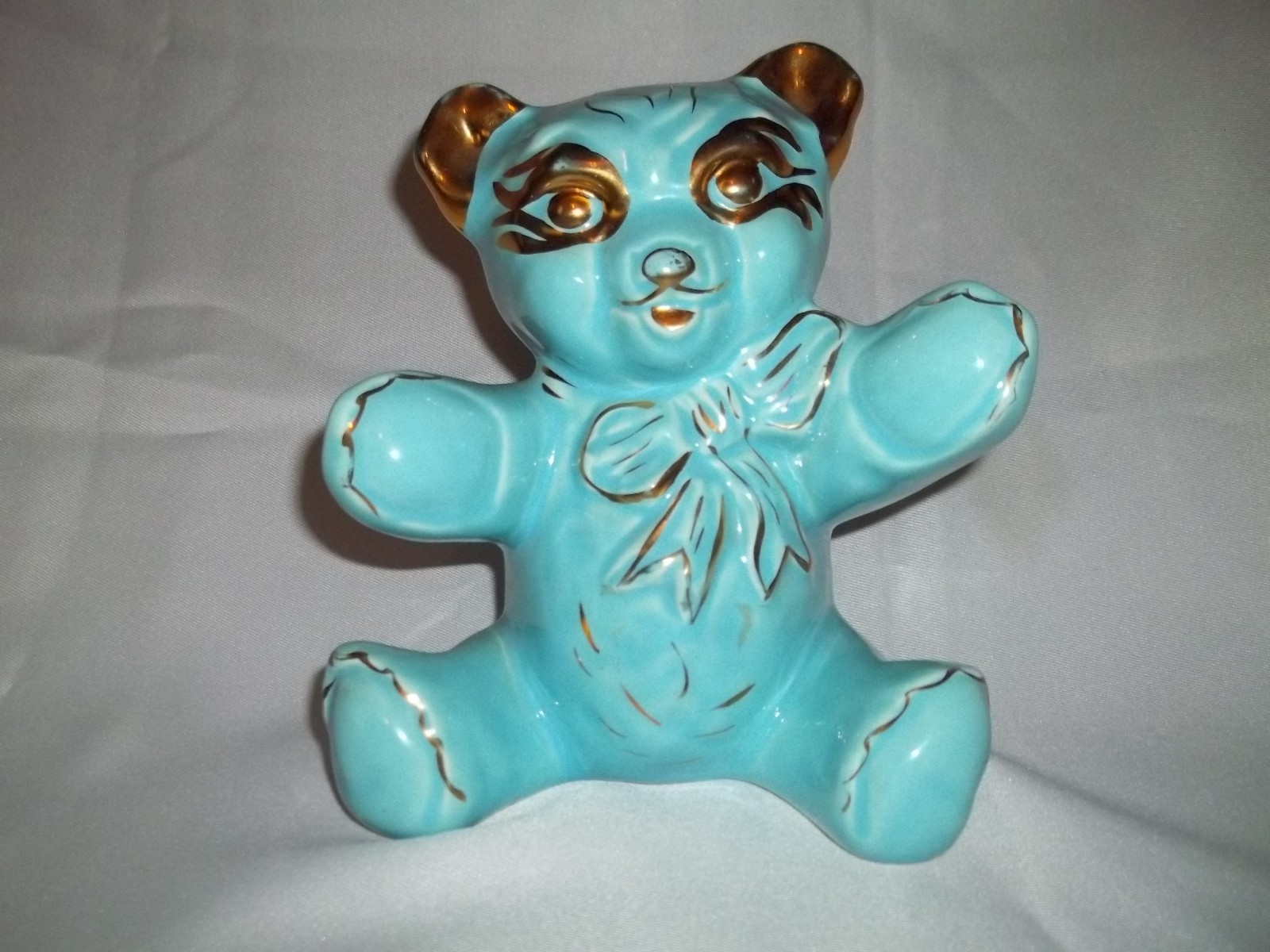 VINTAGE  Blue hand decorated with 22 kt GOLD Teddy Bear Bank