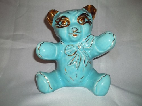 VINTAGE  Blue hand decorated with 22 kt GOLD Teddy Bear Bank