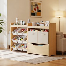 Kids Wooden Toy Storage Organizer with Bookshelf, Movable Drawer, Bins