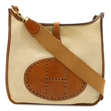 HERMES Evelyne I GM Shoulder Bag Toile H Leather Natural Brown Z Stamp Good FS