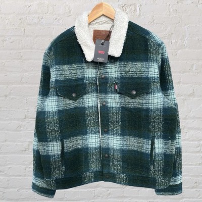 Levi's Sherpa Lined Trucker Jacket Premium Green Plaid Wool Blend Big E