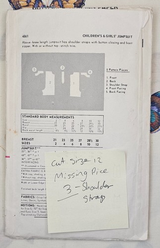 Butterick 4861~Jumpsuit - Size 12. CUT missing small sewing pattern piece - Picture 4 of 4