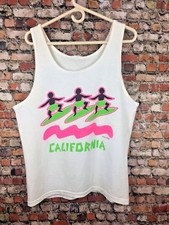 Vintage 80s 90s California Neon Muscle Tank Surf Skate Beach Waves Ocean Summer
