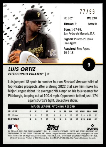 2023 Topps Prístino REFRACTOR PÚRPURA LUIS ORTIZ 77/99 PIRATAS RADIOCONTROL #9 - Imagen 2 de 2
