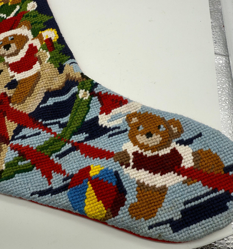 Needlepoint Christmas Stocking Toys Tree Cross Stitch Bear Ball Complete VTG - Picture 2 of 7