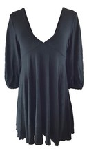 Chanceful Women's Plunging V Neck 3/4 Sleeve Pleated Blouson Dress - Black