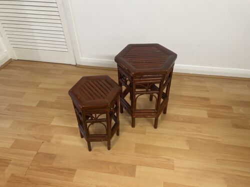 Vintage Hexagonal Bohemian Bamboo Cane Boho Set of 2 Nesting Tables Plant Stands - Picture 1 of 19