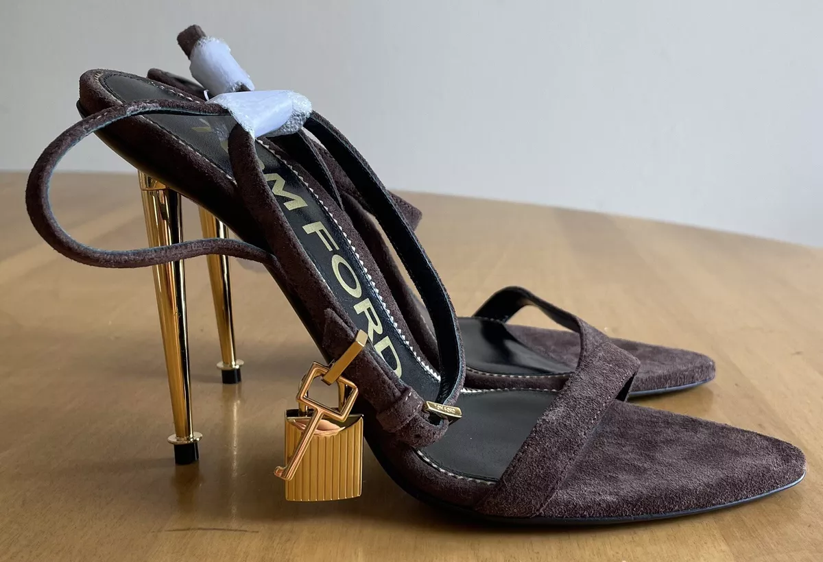 1250 TOM FORD Women s Brown Suede Lock Stiletto Heels 105 Sandal sz 36.5