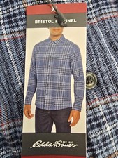 Eddie Bauer Men's Bristol Plaid Button Up Flannel Shirt XL Chambray Blue New