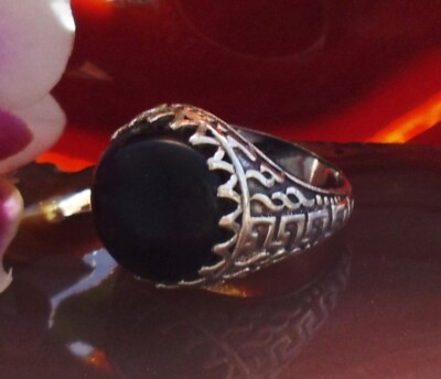 Ω Ring Onyx schwarz Mäander Schlaufen Stein des Steinbock Silber 925 Gr 17,2