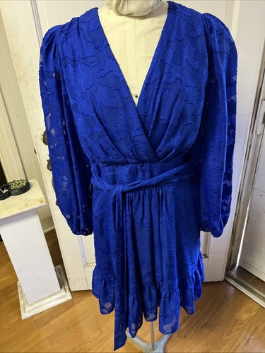 Alex Marie Simone Size 10 Cobalt Blue Solid Long Sleeve Lined Dress V Neck $158