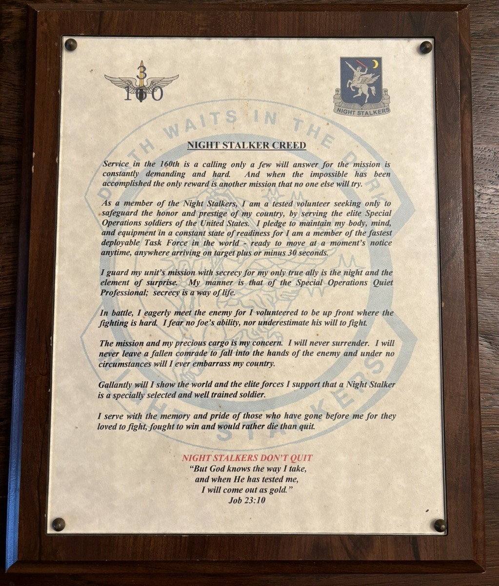 160TH SOAR 3/160 NIGHT STALKER CREED 10” X 13” PLAQUE DATE UNKNOWN 