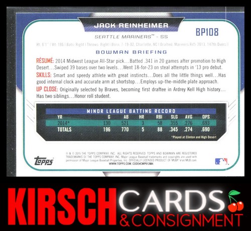 Jack Reinheimer 2015 Bowman #BP108 Prospects Seattle Mariners - 第 2/2 張圖片
