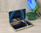 Antique French Blue Agate Cigarette Case Chromed Brass 1930s Ships DDP to USA
