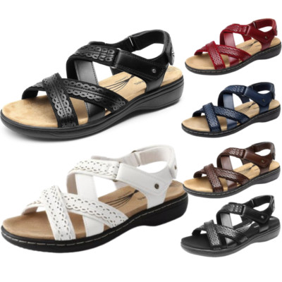 Women Summer Open Toe Flat Sandals Hook & Loop Casual Sandals With Arch Support