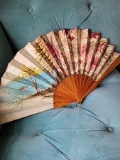 Antique Edwardian Hand Fan Large Fairy w Pink Flowers, Wood Sticks