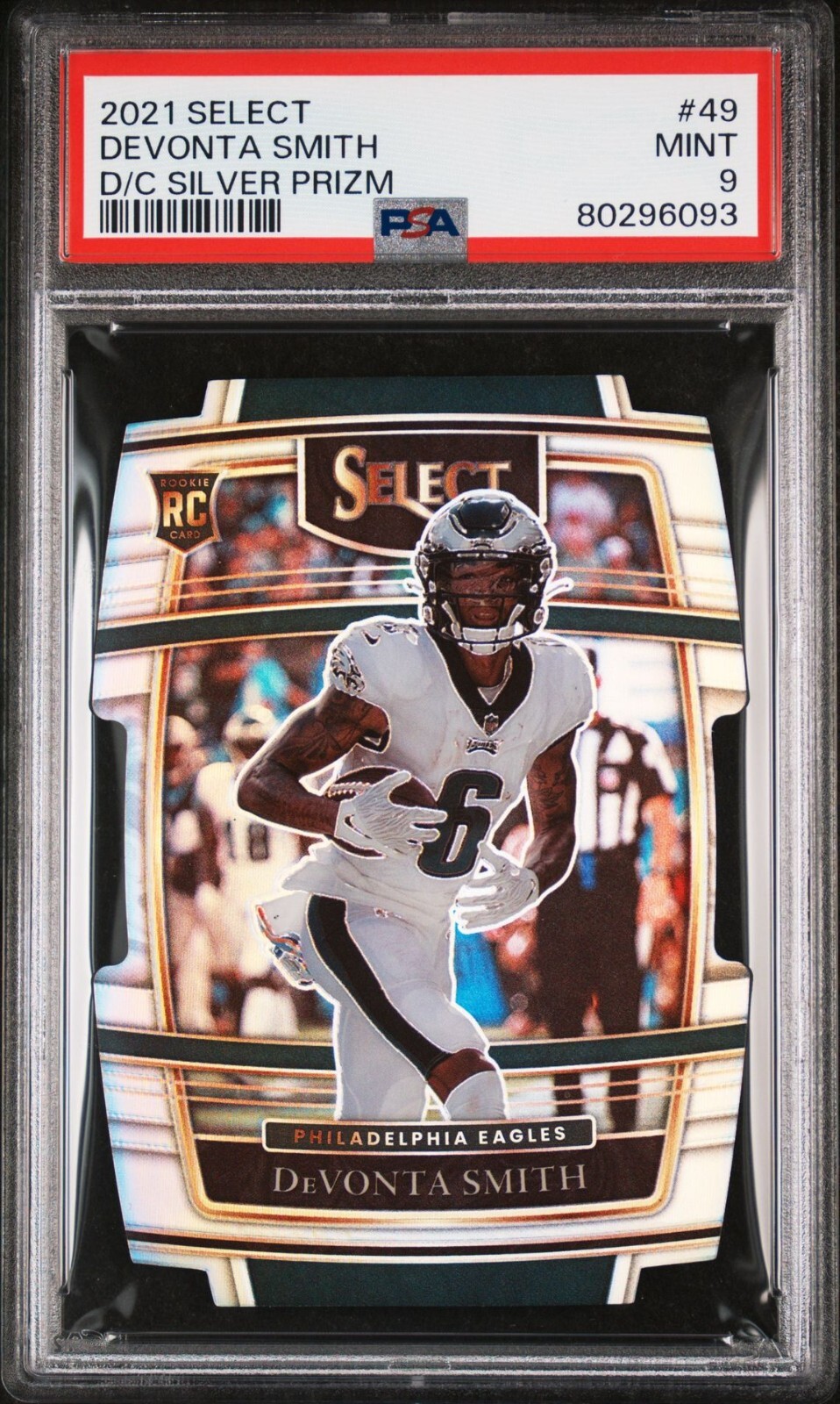 2021 SELECT DEVONTA SMITH ROOKIE DIE-CUT SILVER PRIZM SP EAGLES #49 RC - PSA 9