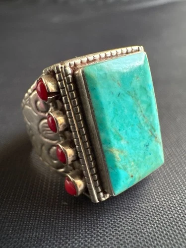 Vintage 925 Sterling Silver Large Turquoise & Red Coral Ring Handmade Size 8 US