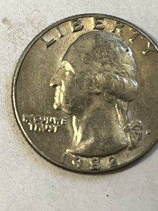 1982D Washington Quarter, DDO; In God We Trust,”D” Mint Mark Filled In.
