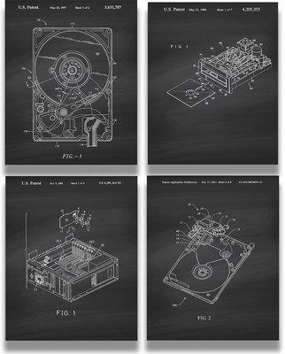 Computer Hard Drive Patents, Set of 4 Wall Art Decor for Home Office School C...